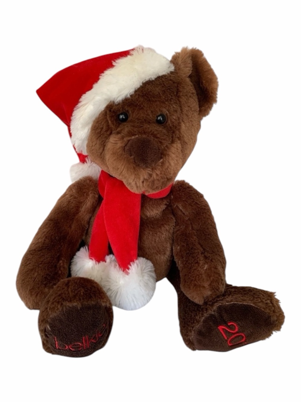 Belkie Bear Stuffed Animal 2011 Festive Santa Hat Scarf Brown White Red
